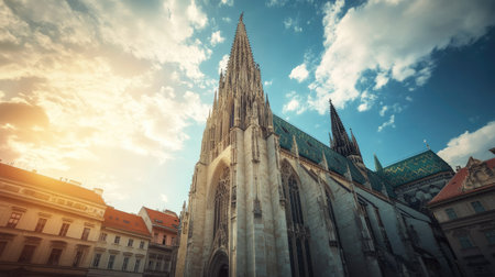 Grand European church with stunning spires, no people. Open space for copy in the sky above.の素材