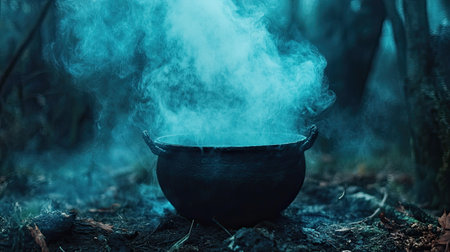 A close-up of a black witch cauldron with smoke rising, creating an eerie atmosphere. Copy space.の素材