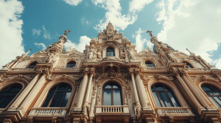 Stunning European city landmark building with intricate details, no people. Ample copy space in the sky above.の素材
