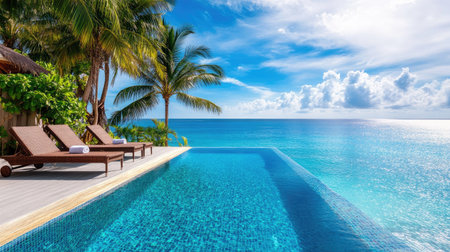 Luxury beach villa with an infinity pool overlooking the ocean, no people. Ample copy space on the deckの素材