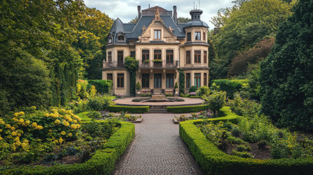 Majestic European villa with lush garden, no people. Plenty of room for copy in the surroundings.の素材