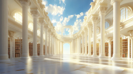 Majestic European library with stunning columns, no people. Open space for copy in the sky.の素材