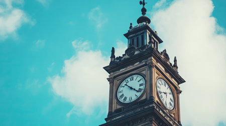 Old European clock tower standing tall, no people. Ample copy space in the sky for text.の素材