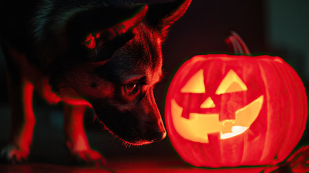 Halloween dog beside a glowing Jack O' Lantern, with copy space on the side for spooky text.の素材