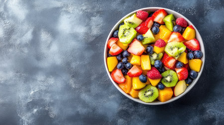 Fresh fruit salad in vibrant colors for kids' snack. Top view with copy space available.の素材