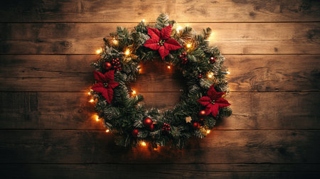 Top view of a Christmas wreath and lights on a wooden background. Copy space on the side.の素材