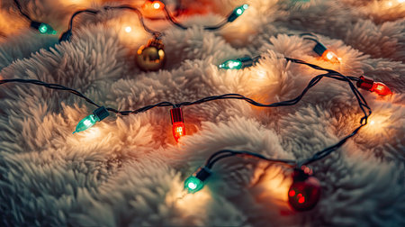 Christmas lights and decorations on a soft, fluffy blanket. Copy space above.の素材