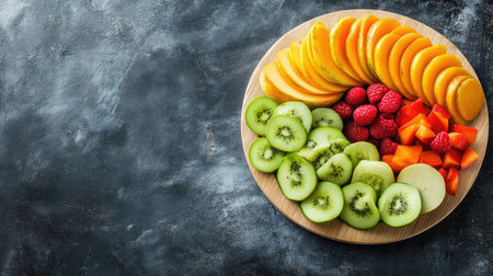 Freshly cut fruit and veggie platter for children snack time. Healthy and colorful. Copy space on the side.の素材