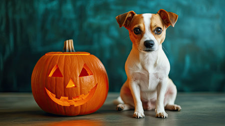 Cute Halloween dog sitting beside a Jack O' Lantern, ample room for copy on the right side of the image.の素材