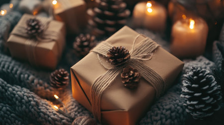 Cozy Christmas setting with wrapped gifts, pine cones, and twinkling lights. Copy space above.の素材