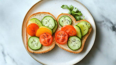 Fun-shaped sandwiches with veggies and fruits on a plate for kids' nutrition. Copy space availableの素材