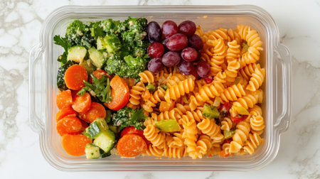 Top view of a lunchbox with pasta salad, veggies, and grapes for children nutrition. Copy space aboveの素材