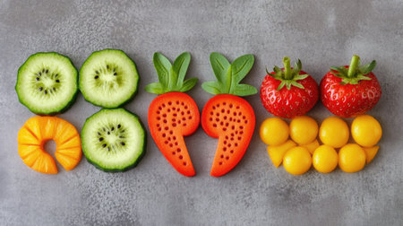 Fun shaped fruits and veggies for kids snack. Nutrient-packed and colorful. Copy space on the side.の素材