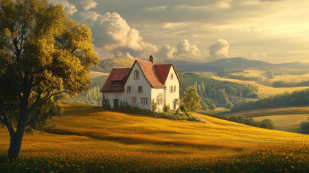 Picturesque European farmhouse surrounded by fields, no people. Open copy space available.の素材