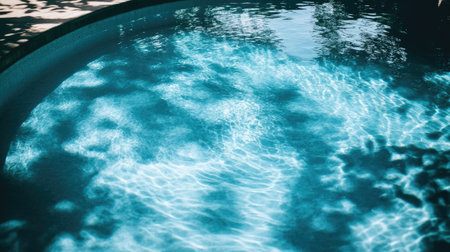 Clear blue pool with shadows of nearby trees, peaceful and empty, copy spaceの素材