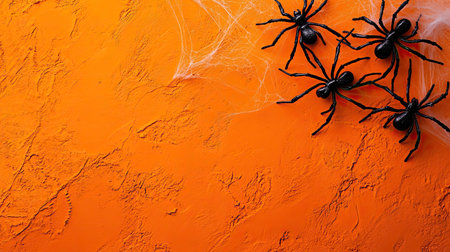 Orange Halloween background with creepy spiders and cobwebs. Copy space on the sideの素材
