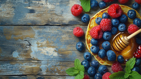 Freshly made healthy whole-grain pancakes with berries and honey for kids. Copy space on the side.の素材