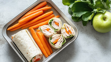 Nutritious lunch with turkey wraps, carrots, and apple slices for kids. Copy space availableの素材