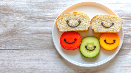 Fun-shaped sandwiches with veggies and fruits on a plate for kids' nutrition. Copy space availableの素材