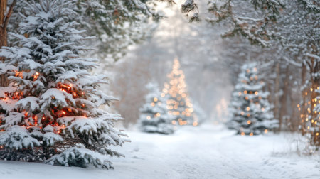 Snowy landscape with decorated Christmas trees in the background. Copy space above.の素材