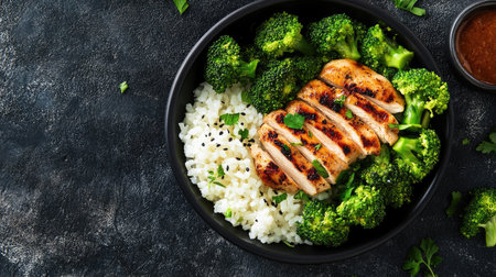 Top view of a balanced kids meal with grilled chicken, rice, and broccoli. Copy space available.の素材
