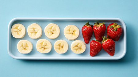 Sliced bananas, strawberries, and yogurt in a fun presentation for kids. Copy space available.の素材