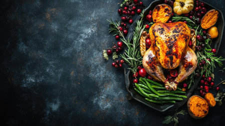 Thanksgiving feast with roasted turkey, sweet potatoes, and green beans. Copy space available.の素材