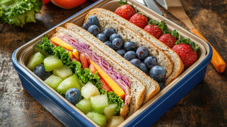 Healthy lunchbox with whole-grain sandwiches, fruits, and veggies for kids. Copy space on the side.の素材