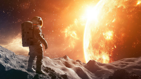 Astronaut exploring a distant planet under a bright sun, no people, copy space availableの素材