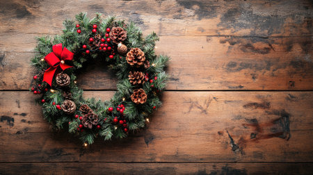 Top view of a festive Christmas wreath on a rustic wooden table. Copy space available.の素材