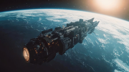 Astronaut floating near the space station, vast space background, no people, copy spaceの素材