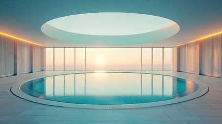 Circular swimming pool in a luxury spa, no people, inviting calmness, plenty of copy spaceの素材