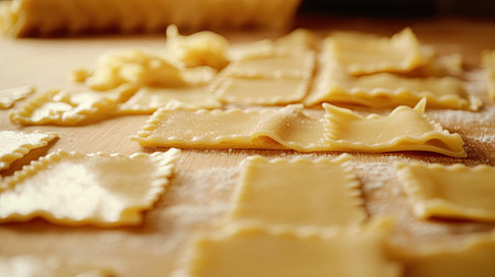 Lasagna al forno in the center with surrounding pasta on a clean surface, perfect for placing text.の素材