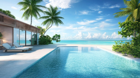 Beautiful beach villa with a serene pool and ocean view, no people. Open space for copy above the villa.の素材