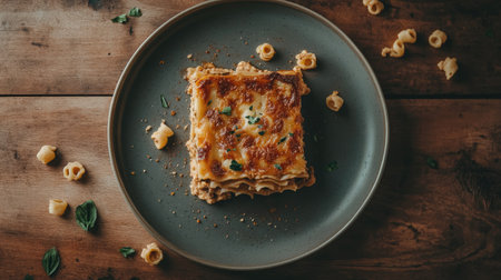 A single piece of lasagna al forno centered on a plate with scattered pasta around, perfect for text overlay.の素材