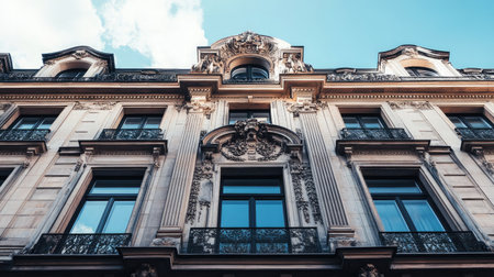Stunning European embassy building with intricate windows, no people. Ample room for text in the foreground.の素材