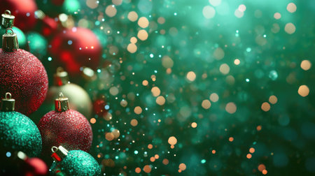 Green and red Christmas theme with twinkling lights and ornaments. Copy space available.の素材