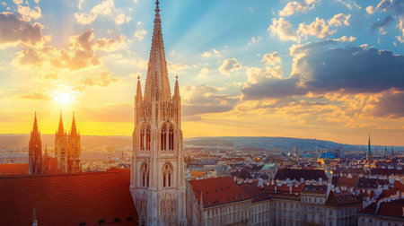 Grand European church with stunning spires, no people. Open space for copy in the sky above.の素材