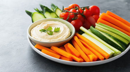 Fresh veggie sticks and hummus in a colorful kids' snack platter. Copy space available.の素材