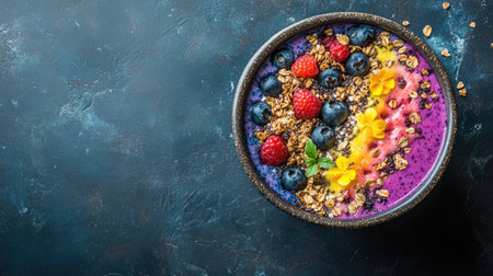 Top view of a colorful smoothie bowl with granola and berries for kids. Copy space above.の素材