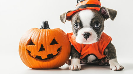 Cute puppy dressed up for Halloween with a Jack O' Lantern pumpkin, with plenty of copy space above.の素材