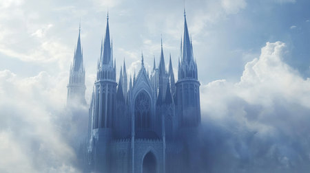 Majestic European castle with towering spires, no people. Open room for text in the sky.の素材