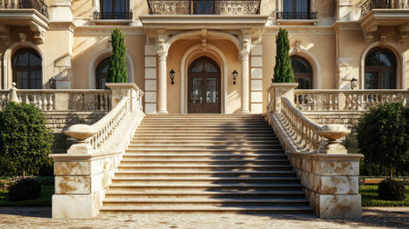 Majestic European palace with grand entrance, no people. Room for copy on the pathway leading up.の素材