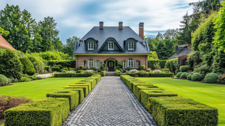 Majestic European villa with lush garden, no people. Plenty of room for copy in the surroundings.の素材