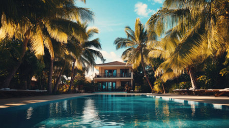 Luxury beachfront villa with a serene pool surrounded by palm trees, no people. Room for text in the sky aboveの素材