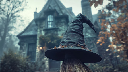 A witch hat resting on a broomstick in front of a haunted house. Copy space above.の素材