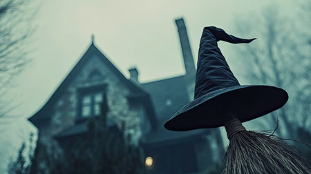 A witch hat resting on a broomstick in front of a haunted house. Copy space above.の素材