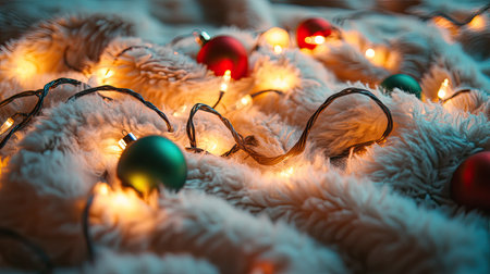 Christmas lights and decorations on a soft, fluffy blanket. Copy space above.の素材