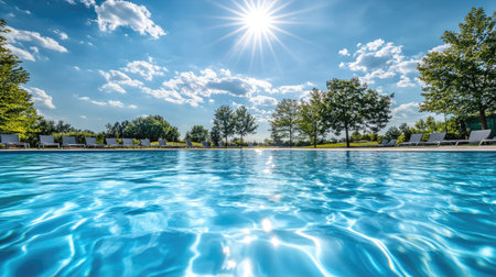 Bright sunny day at an outdoor pool, water gently moving. No people, copy space availableの素材