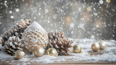 Snow-covered pine cones and festive baubles on a rustic table. Copy space available.の素材